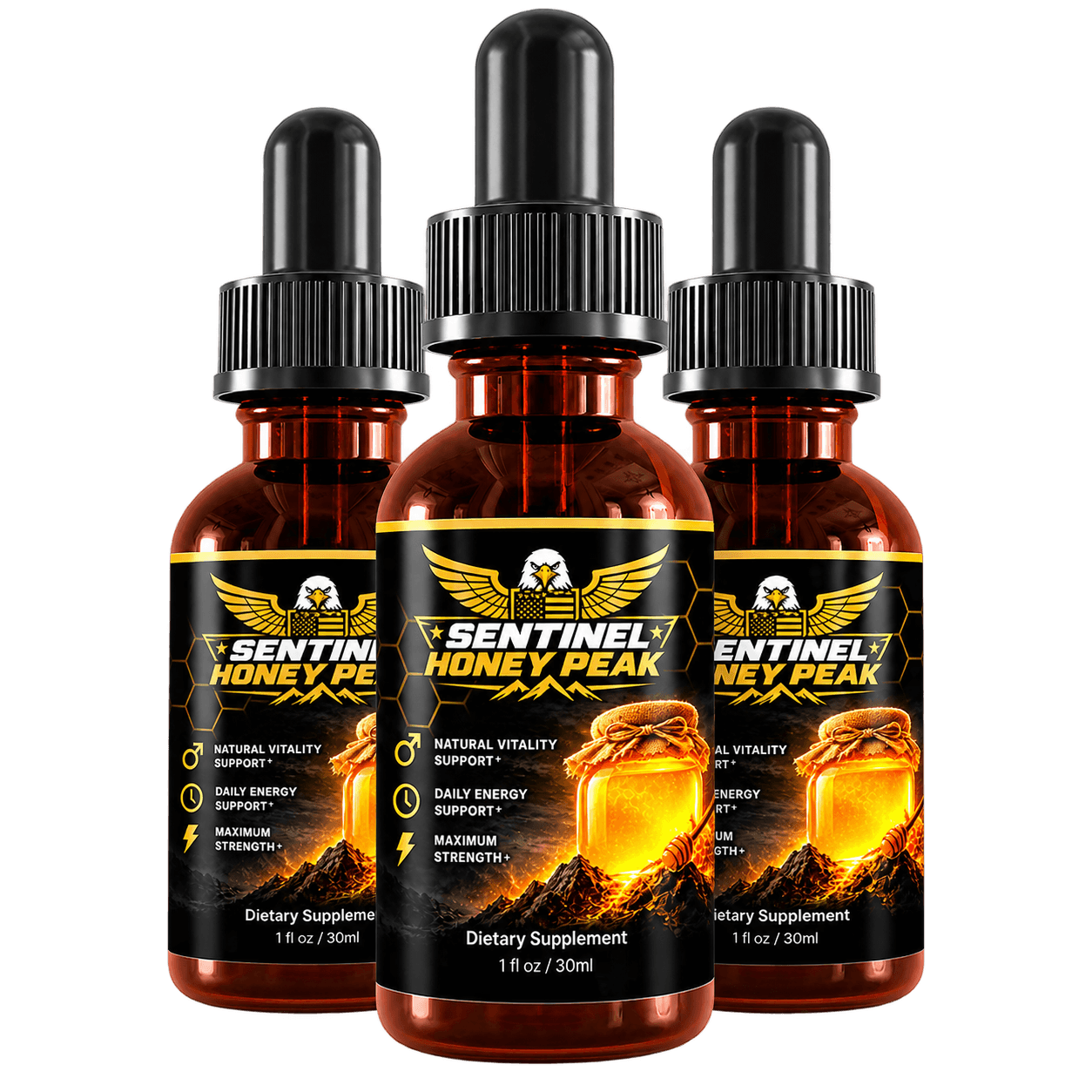 Three bottles of Sentinel Honey Peak Drops