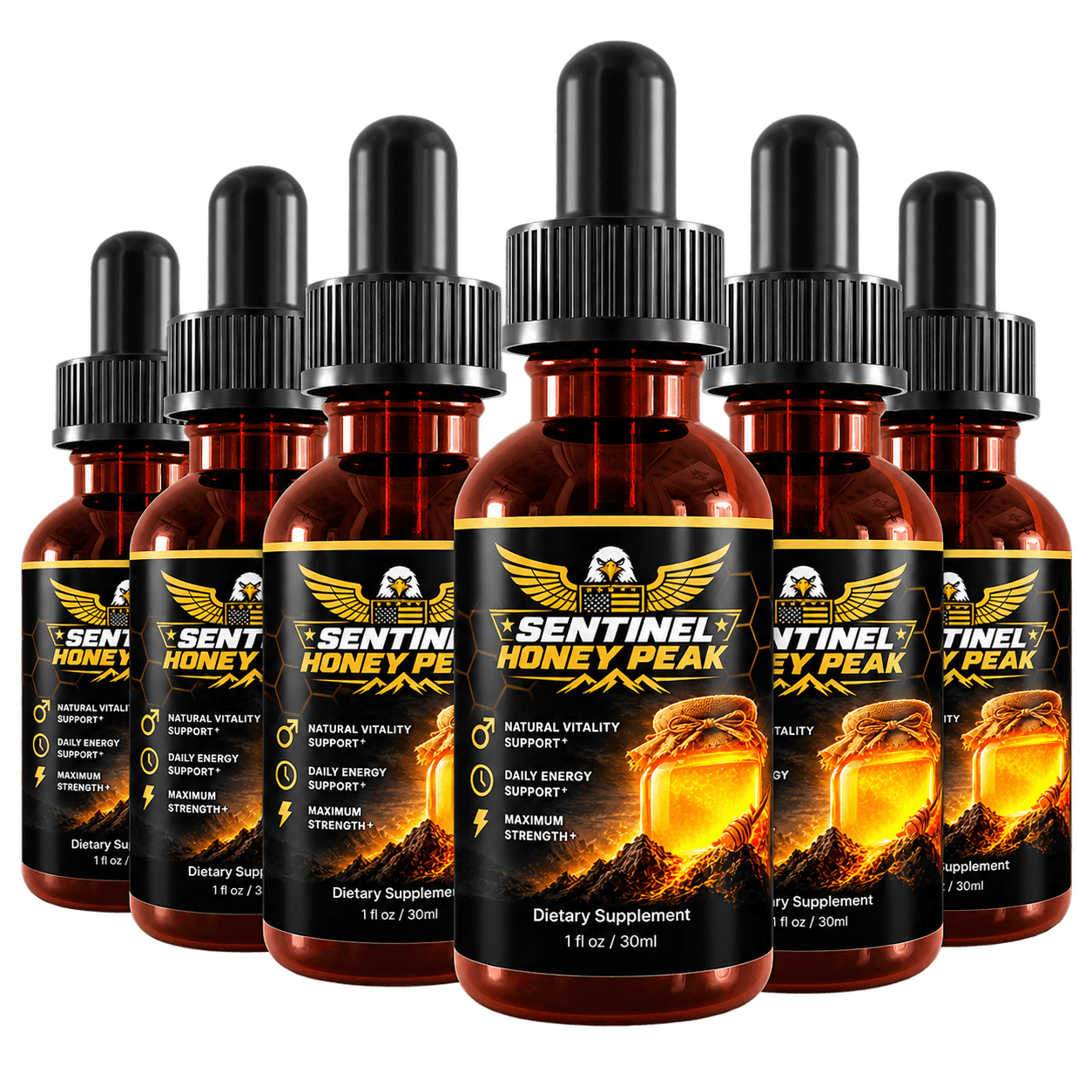 Six bottles of Sentinel Honey Peak Drops