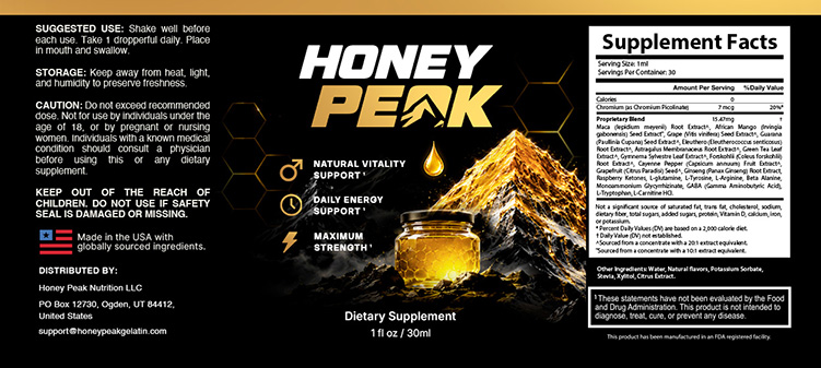 Sentinel Honey Peak Drops label showing suggested use, storage, caution and the facts panel with every ingredient amount